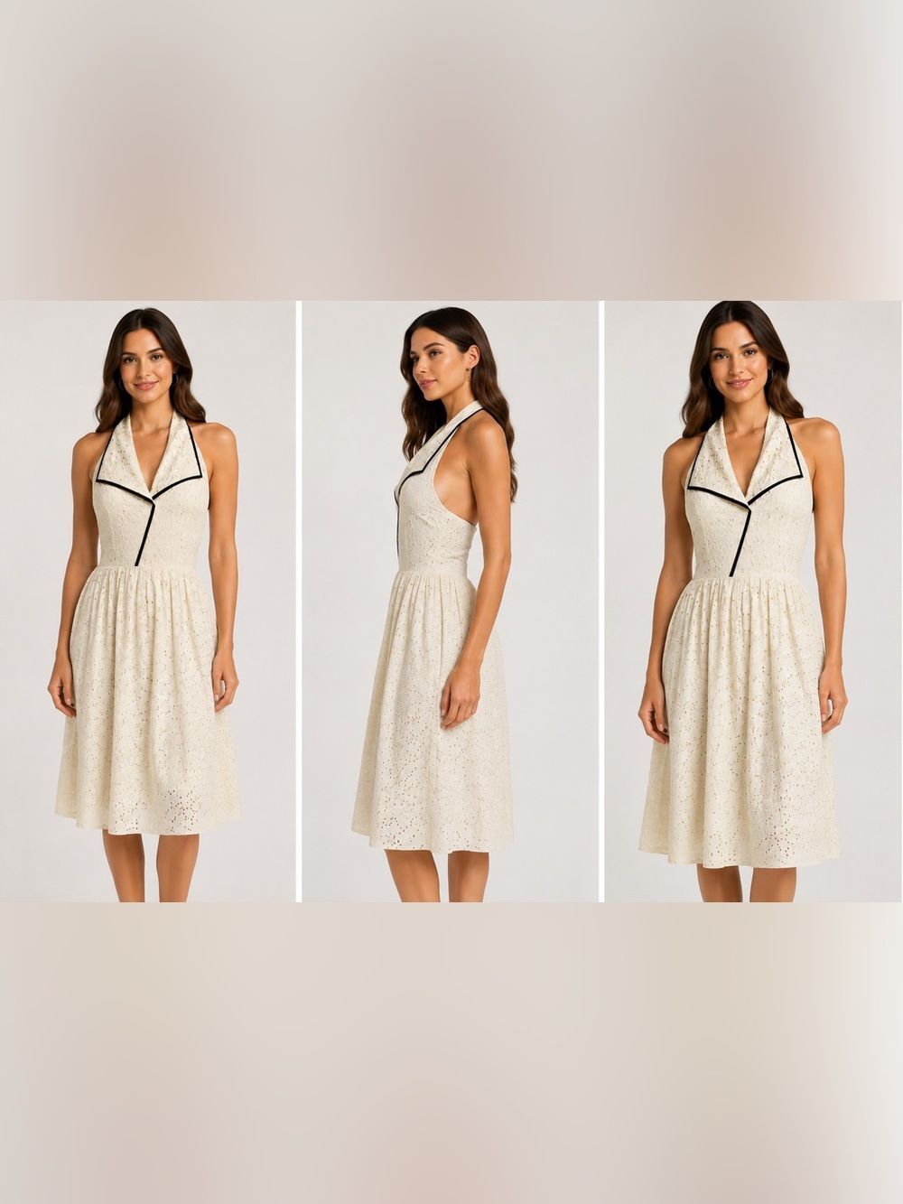 Anthropologie Eyelet Halter Silk Ivory Dress Black Trim  Sz 6 See Description